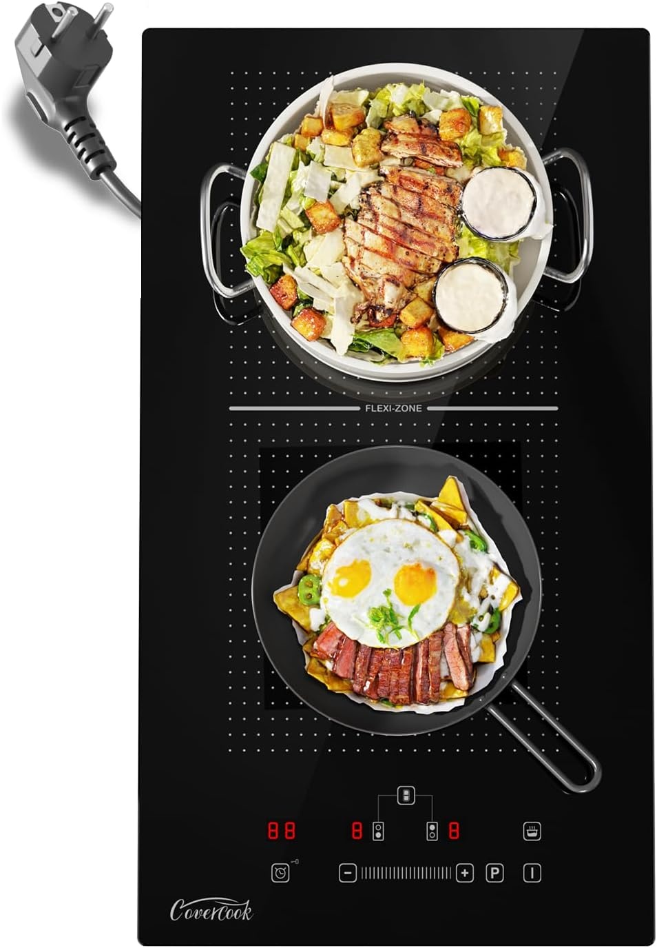 COVERCOOK Domino Inductiekookplaat van 30 cm met 2 kookzones, inbouw, autonome kookplaat, inductie met stekker, flexzones, slidertouch-bediening, scherpte, 16 A, 2800 W