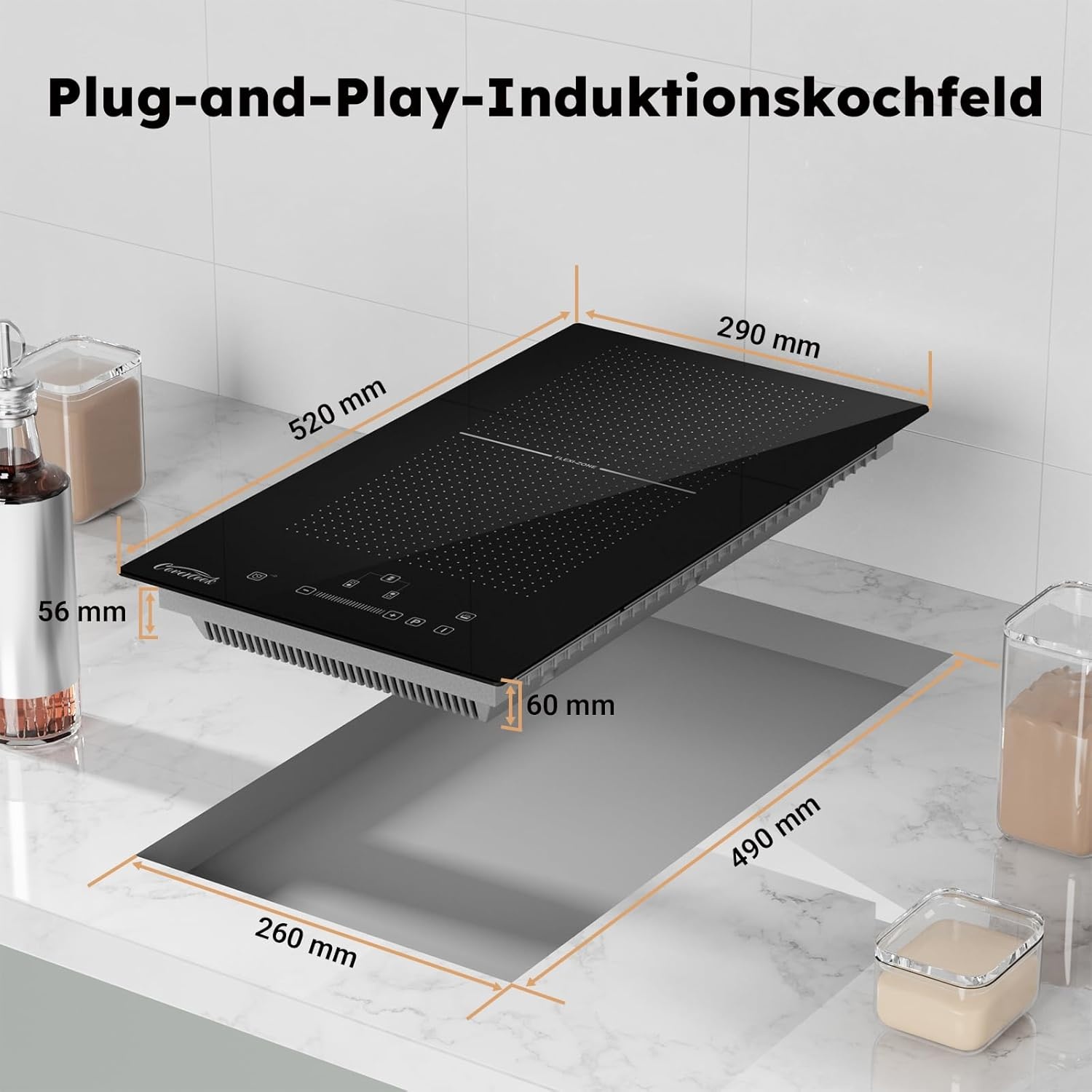 COVERCOOK Domino Inductiekookplaat van 30 cm met 2 kookzones, inbouw, autonome kookplaat, inductie met stekker, flexzones, slidertouch-bediening, scherpte, 16 A, 2800 W