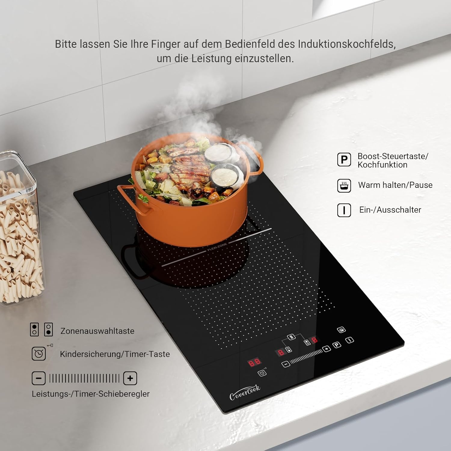 COVERCOOK Domino Inductiekookplaat van 30 cm met 2 kookzones, inbouw, autonome kookplaat, inductie met stekker, flexzones, slidertouch-bediening, scherpte, 16 A, 2800 W