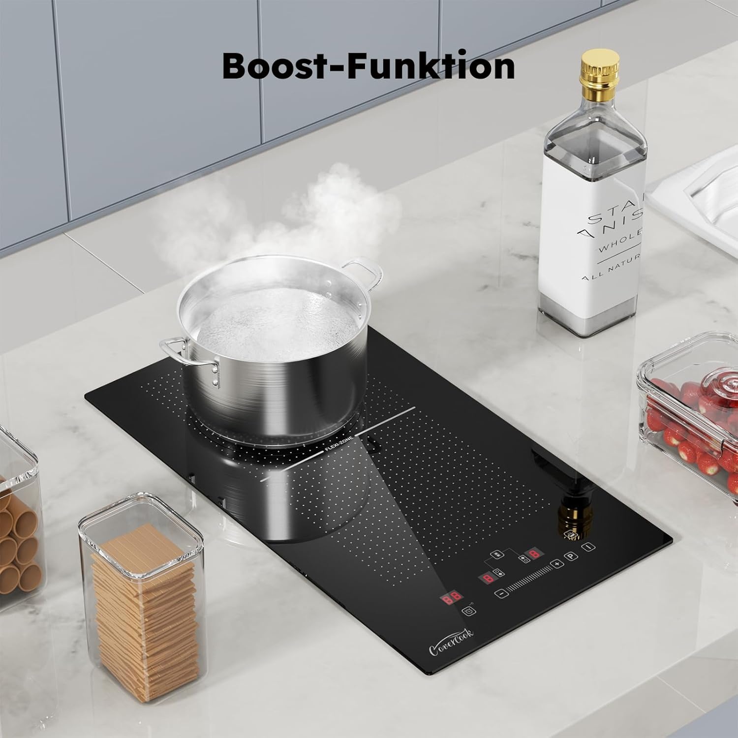 COVERCOOK Domino Inductiekookplaat van 30 cm met 2 kookzones, inbouw, autonome kookplaat, inductie met stekker, flexzones, slidertouch-bediening, scherpte, 16 A, 2800 W