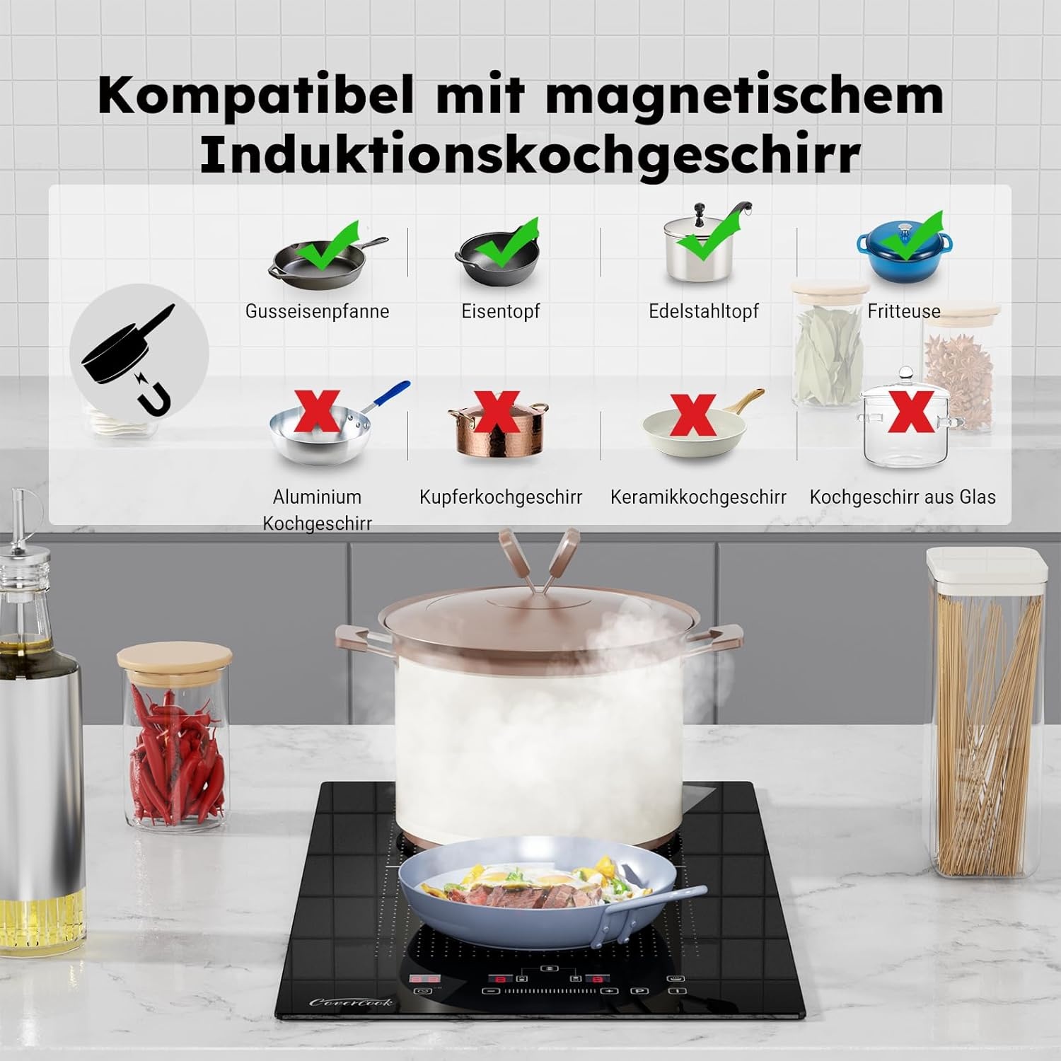 COVERCOOK Domino Inductiekookplaat van 30 cm met 2 kookzones, inbouw, autonome kookplaat, inductie met stekker, flexzones, slidertouch-bediening, scherpte, 16 A, 2800 W