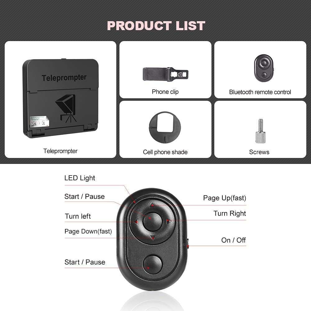 LENSGO TC7S Draagbare Teleprompter voor Telefoon, One-Second Fold Mini Teleprompter met Afstandsbediening, App Compatibel met iPhone & Android voor Online Onderwijs Vlog Live Streaming Interview