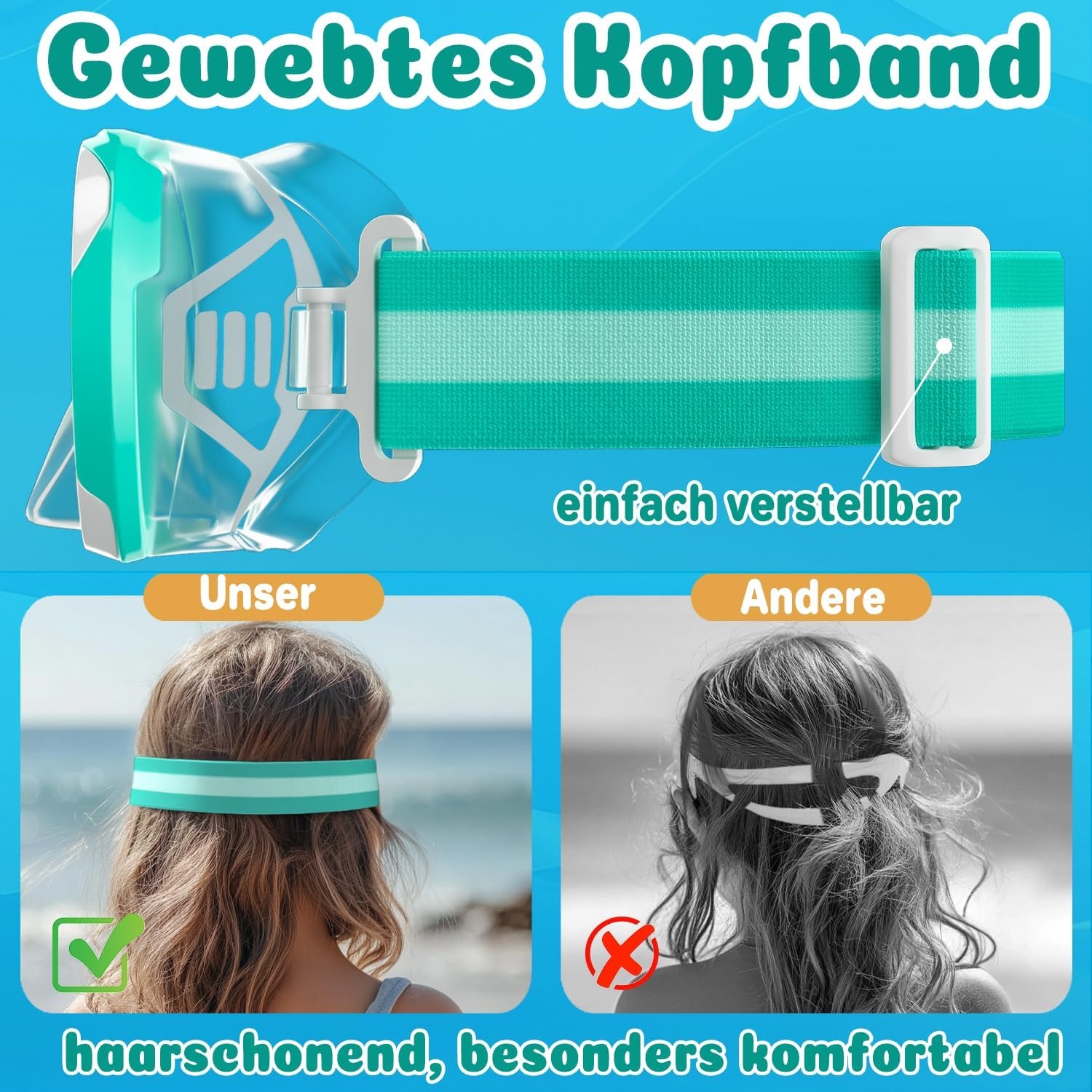 Duikbril voor kinderen, met neusafdekking, zwembril voor kinderen van 6-14 jaar met elastische stoffen band, lekvrije bril, anti-condens, getemperd 180° glas, groothoek, glazen lenzen voor jongens en