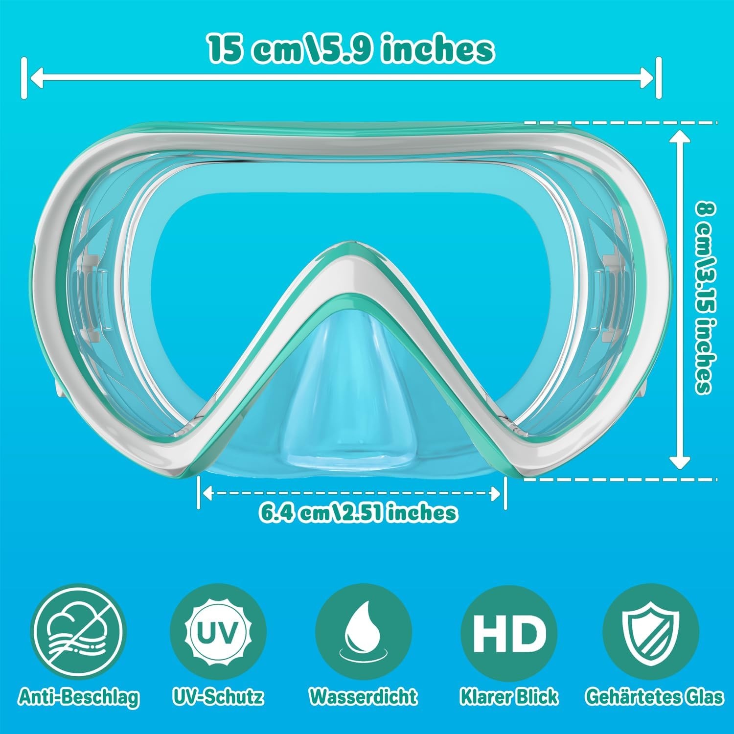 Duikbril voor kinderen, met neusafdekking, zwembril voor kinderen van 6-14 jaar met elastische stoffen band, lekvrije bril, anti-condens, getemperd 180° glas, groothoek, glazen lenzen voor jongens en