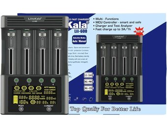 LiitoKala Lii-600 18650 en AA batterijlader met LCD-touchscreen, inclusief 4 assen en 12V 5A adapter voor Li-Ion/NI-MH/NI-Cd 14500 21700 AA AAA