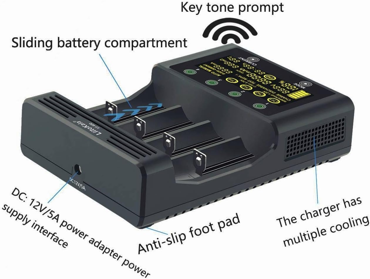 LiitoKala Lii-600 18650 en AA batterijlader met LCD-touchscreen, inclusief 4 assen en 12V 5A adapter voor Li-Ion/NI-MH/NI-Cd 14500 21700 AA AAA