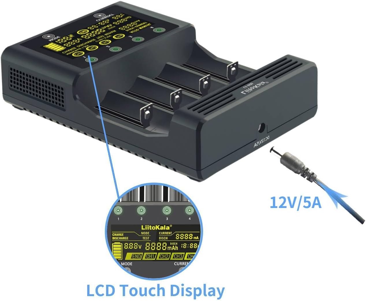 LiitoKala Lii-600 18650 en AA batterijlader met LCD-touchscreen, inclusief 4 assen en 12V 5A adapter voor Li-Ion/NI-MH/NI-Cd 14500 21700 AA AAA