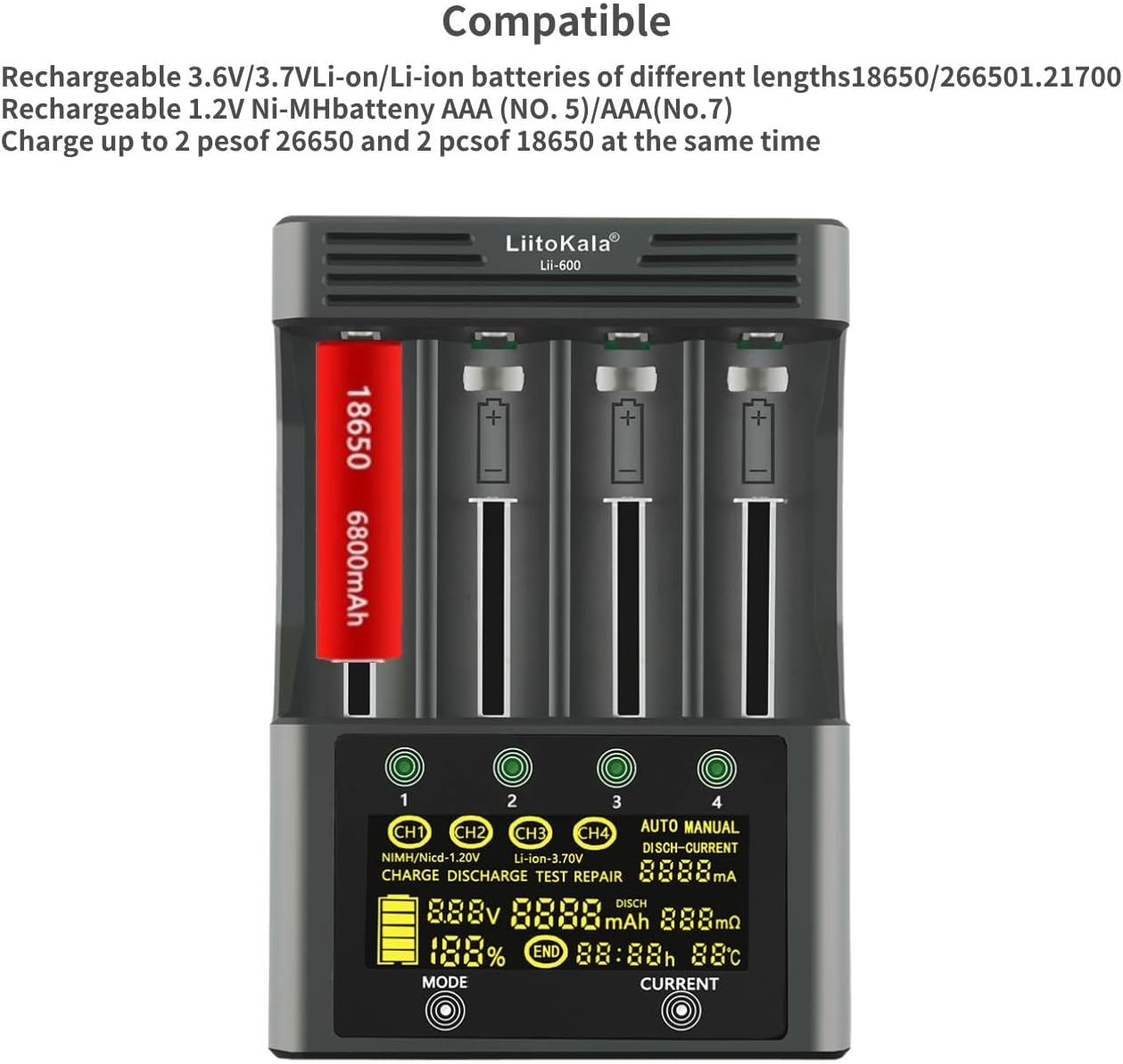 LiitoKala Lii-600 18650 en AA batterijlader met LCD-touchscreen, inclusief 4 assen en 12V 5A adapter voor Li-Ion/NI-MH/NI-Cd 14500 21700 AA AAA