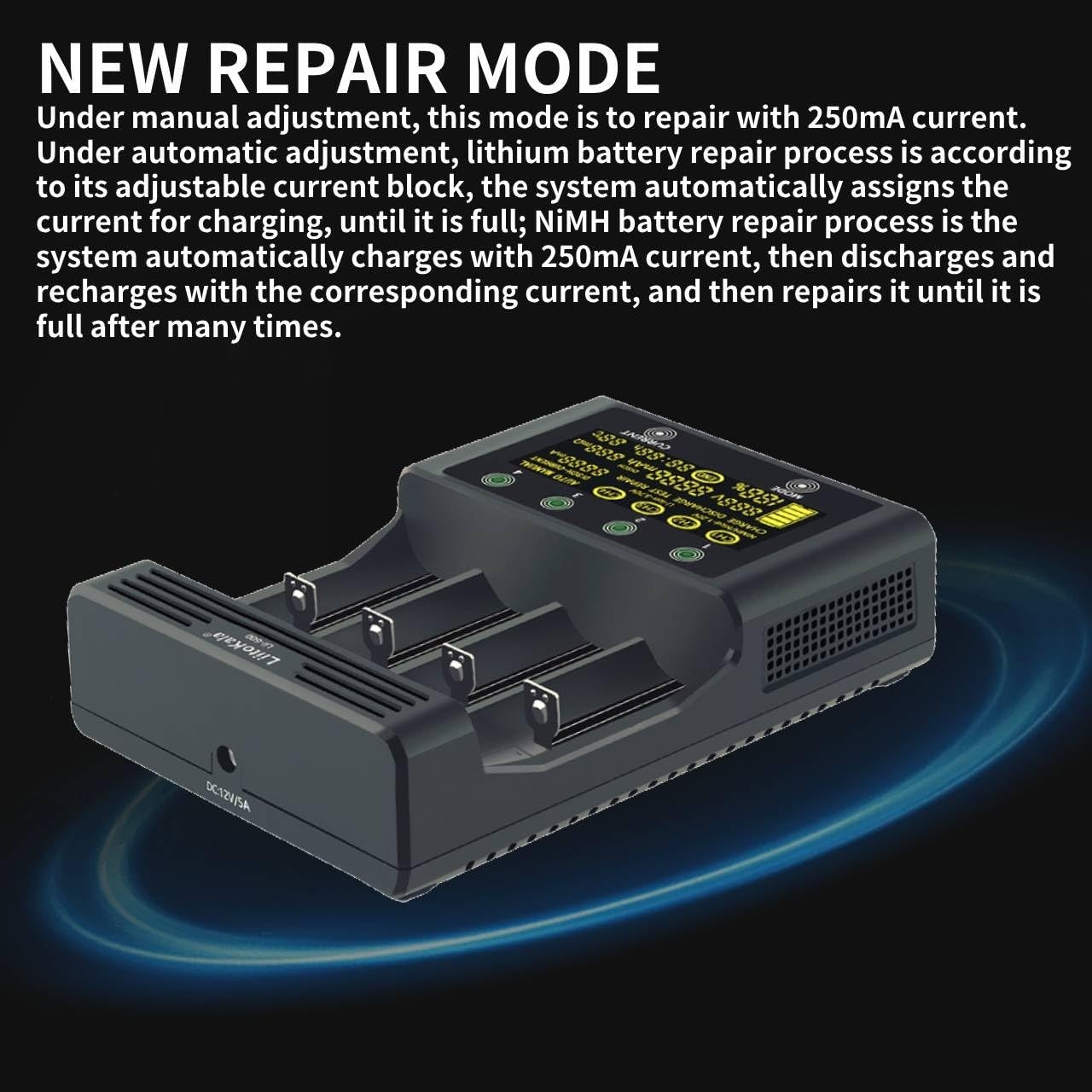 LiitoKala Lii-600 18650 en AA batterijlader met LCD-touchscreen, inclusief 4 assen en 12V 5A adapter voor Li-Ion/NI-MH/NI-Cd 14500 21700 AA AAA