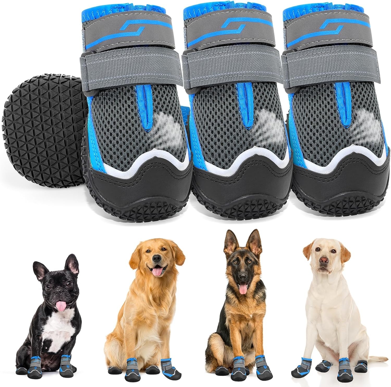 Weesiber Hondenschoenen, 4 stuks, antislip hondenlaarzen met reflecterende riemen en slijtvaste rubberen zool, pootbescherming voor kleine, middelgrote en grote honden (grijs, maat 3)