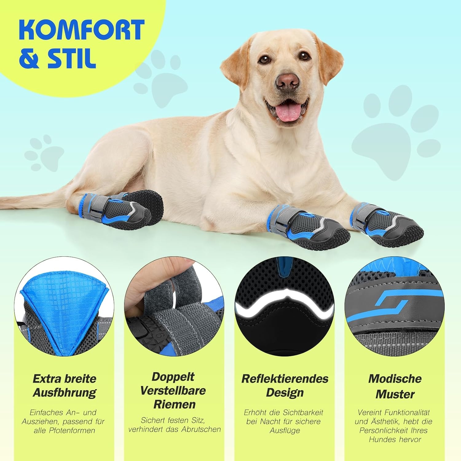 Weesiber Hondenschoenen, 4 stuks, antislip hondenlaarzen met reflecterende riemen en slijtvaste rubberen zool, pootbescherming voor kleine, middelgrote en grote honden (grijs, maat 3)