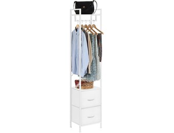 Kledingstang, vrijstaand, stabiel, metalen kledingrek, smalle kapstok met 2 schoenenplanken, minimalistisch design, ruimtebesparend, kledingrek voor slaapkamer en thuis, wit