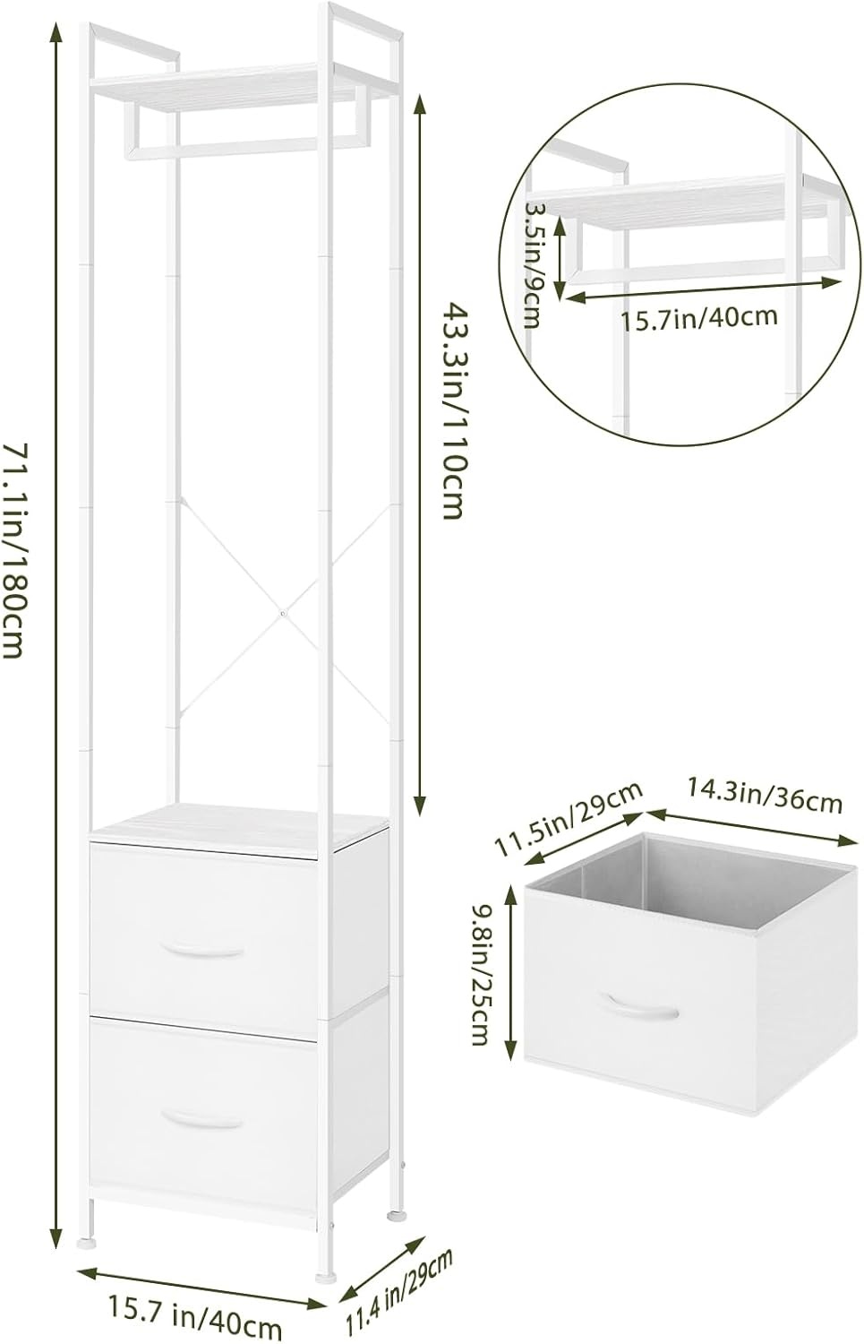 Kledingstang, vrijstaand, stabiel, metalen kledingrek, smalle kapstok met 2 schoenenplanken, minimalistisch design, ruimtebesparend, kledingrek voor slaapkamer en thuis, wit
