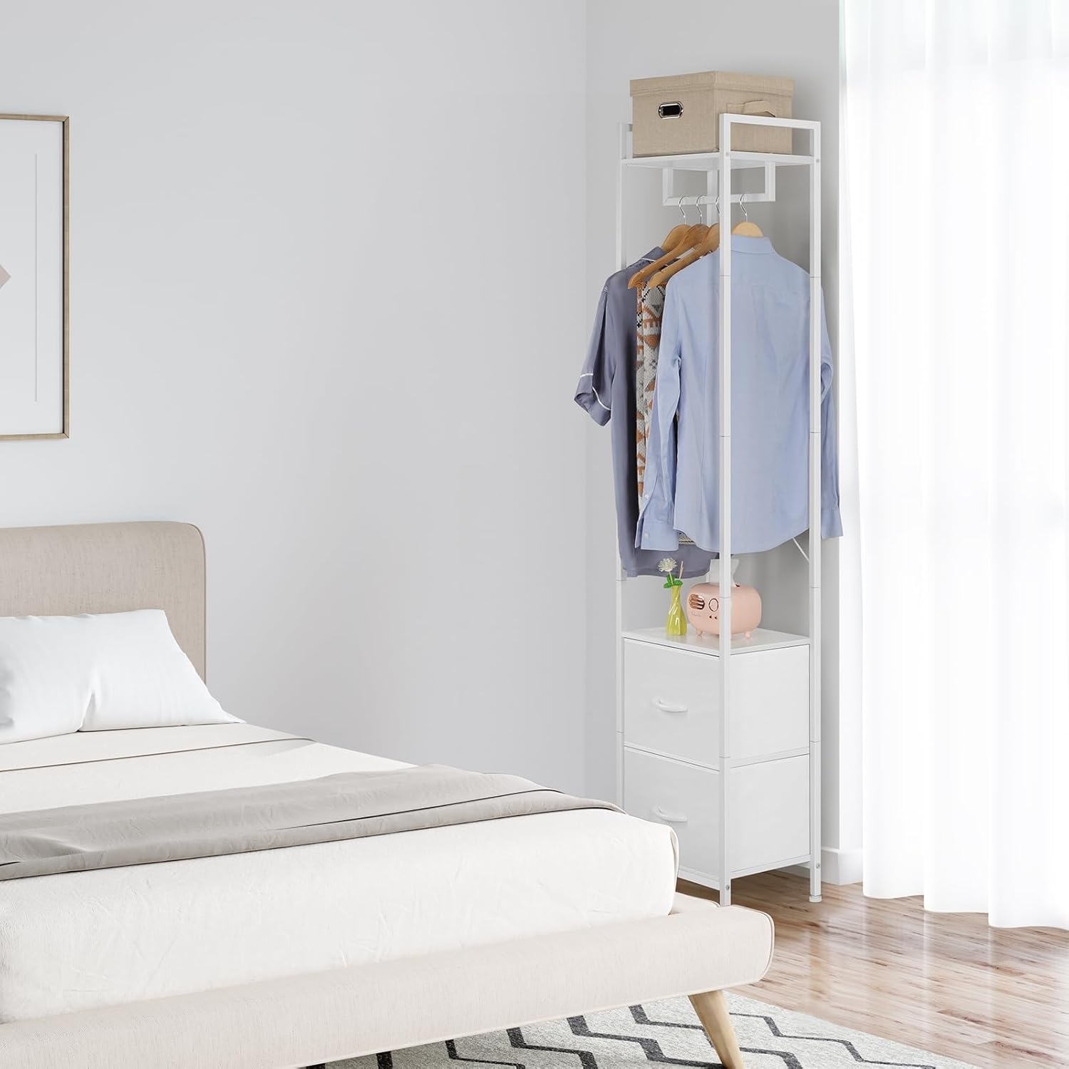 Kledingstang, vrijstaand, stabiel, metalen kledingrek, smalle kapstok met 2 schoenenplanken, minimalistisch design, ruimtebesparend, kledingrek voor slaapkamer en thuis, wit