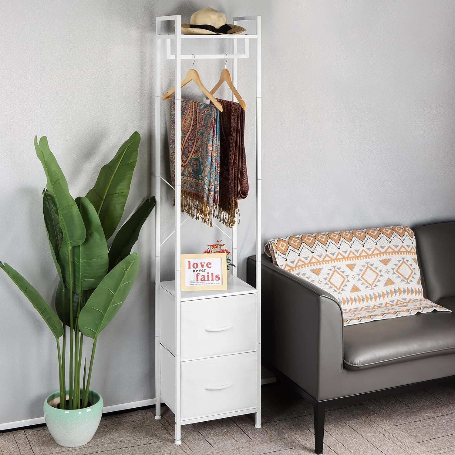 Kledingstang, vrijstaand, stabiel, metalen kledingrek, smalle kapstok met 2 schoenenplanken, minimalistisch design, ruimtebesparend, kledingrek voor slaapkamer en thuis, wit