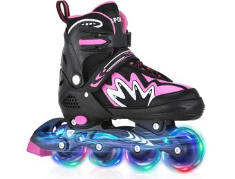 TOMSHOO Rolschaatsen, inlineskates met 4 maten verstelbaar, led-wielen, meerdere maatopties, inline skates voor kinderen, volwassenen, jongens en meisjes, zwart en roze, S