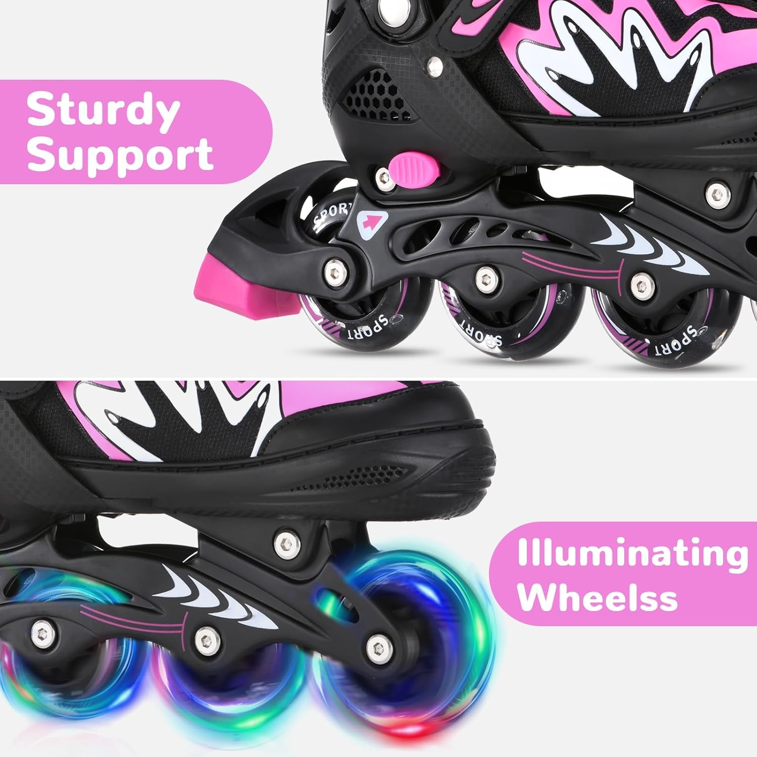 TOMSHOO Rolschaatsen, inlineskates met 4 maten verstelbaar, led-wielen, meerdere maatopties, inline skates voor kinderen, volwassenen, jongens en meisjes, zwart en roze, S