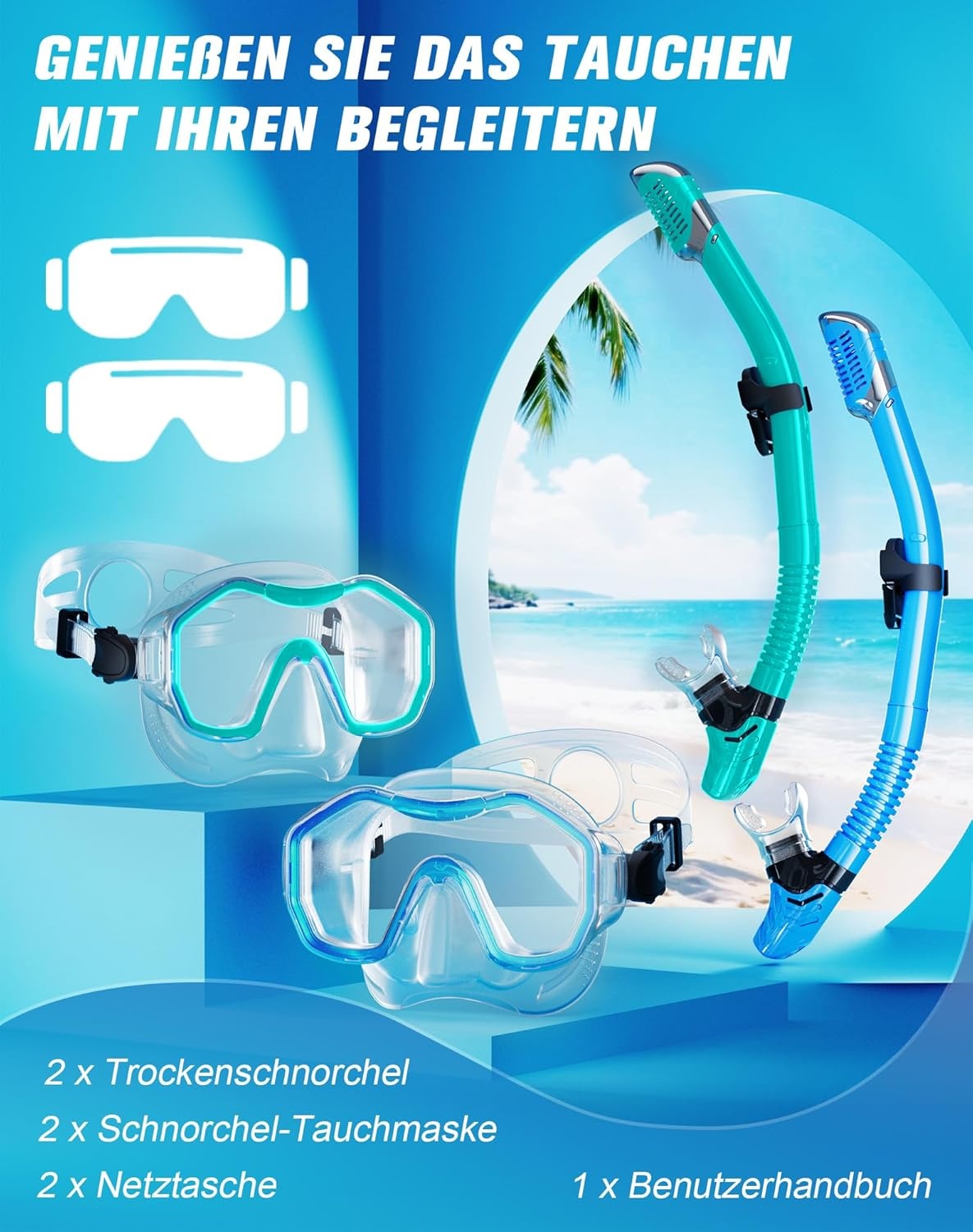 Schnorchelset voor volwassenen (2-delig) met panorama duikmasker en droge snorkel - Anti-fog en waterdicht, gehard glas