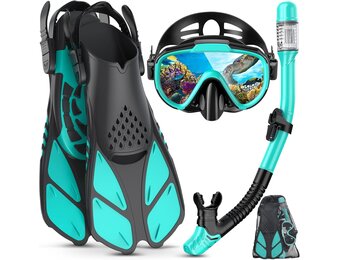 Volwassen snorkelset groen met verstelbare vinnen, anti-condens duikbril en droge snorkel