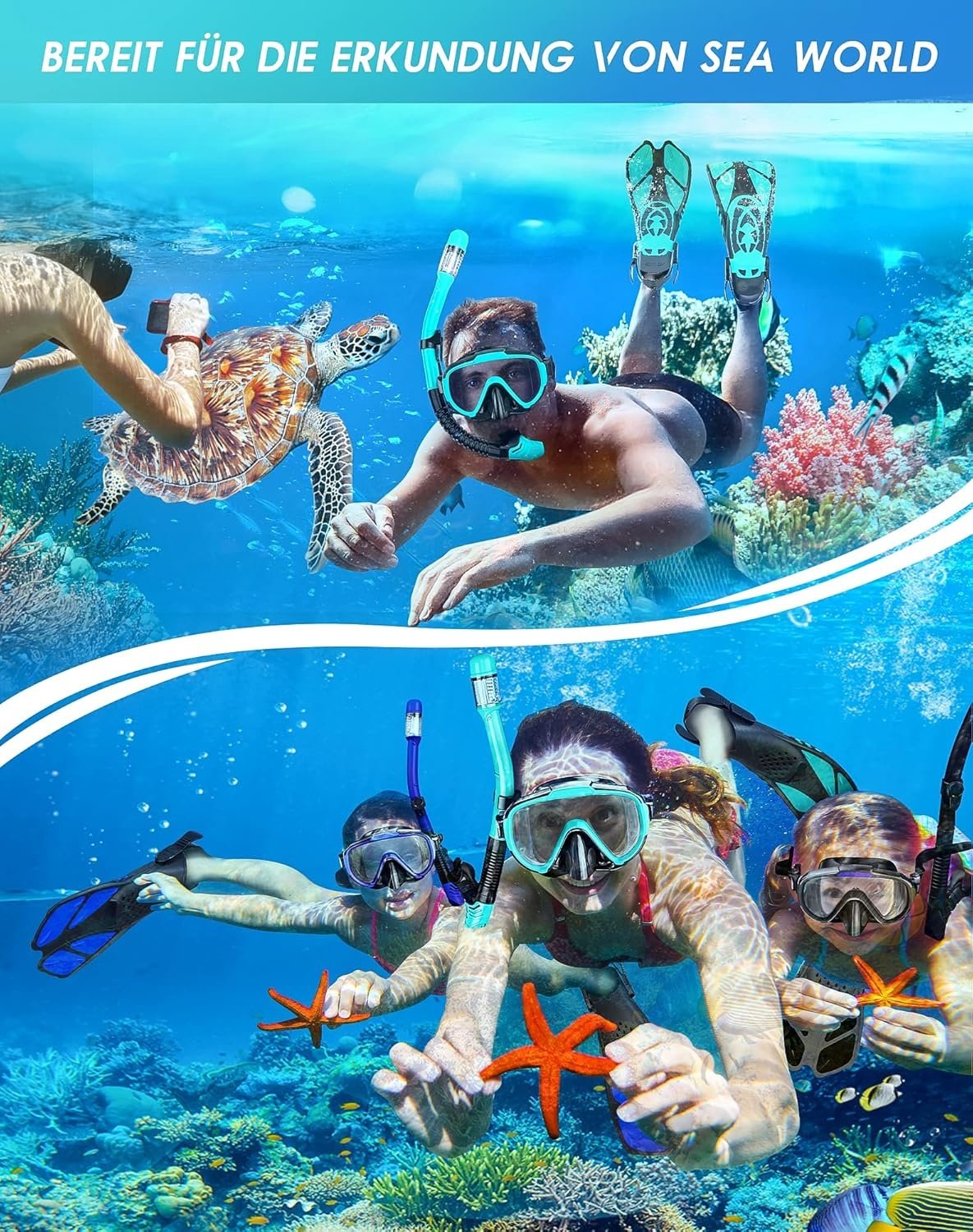 Volwassen snorkelset groen met verstelbare vinnen, anti-condens duikbril en droge snorkel