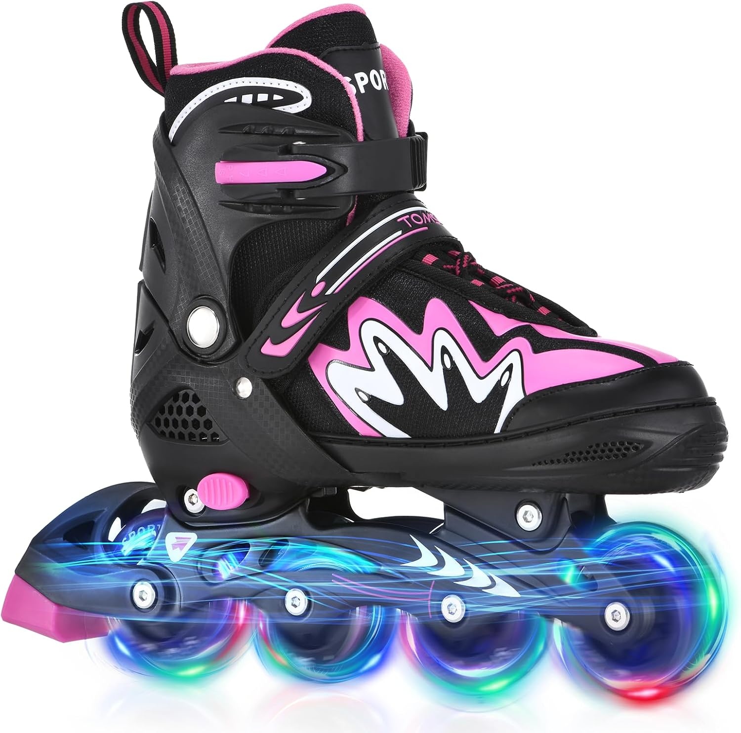 TOMSHOO Rolschaatsen, inlineskates met 4 maten verstelbaar, led-wielen, meerdere maatopties, inline skates voor kinderen, volwassenen, jongens en meisjes, zwart en roze, S