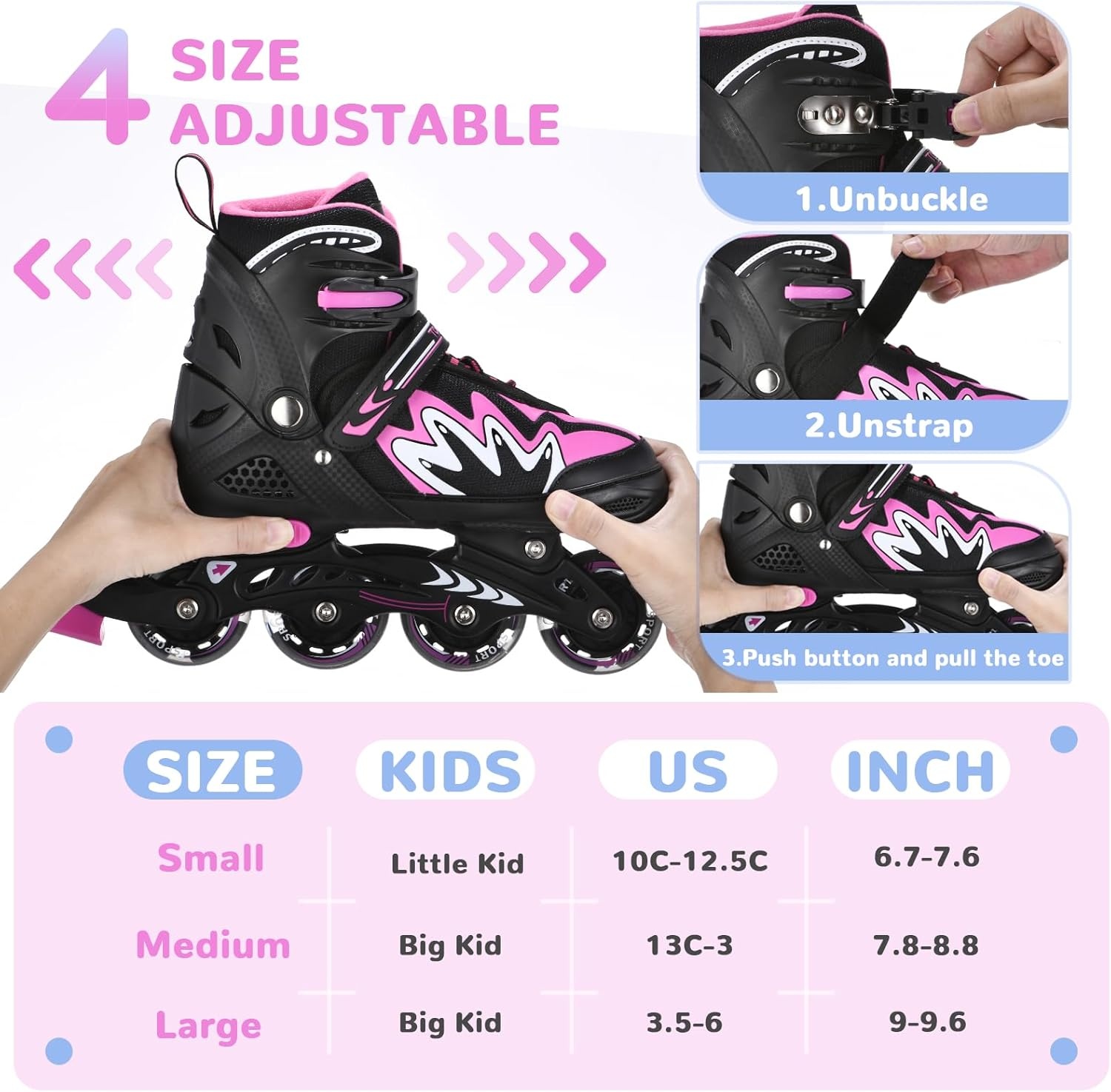 TOMSHOO Rolschaatsen, inlineskates met 4 maten verstelbaar, led-wielen, meerdere maatopties, inline skates voor kinderen, volwassenen, jongens en meisjes, zwart en roze, S