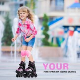 TOMSHOO Rolschaatsen, inlineskates met 4 maten verstelbaar, led-wielen, meerdere maatopties, inline skates voor kinderen, volwassenen, jongens en meisjes, zwart en roze, S