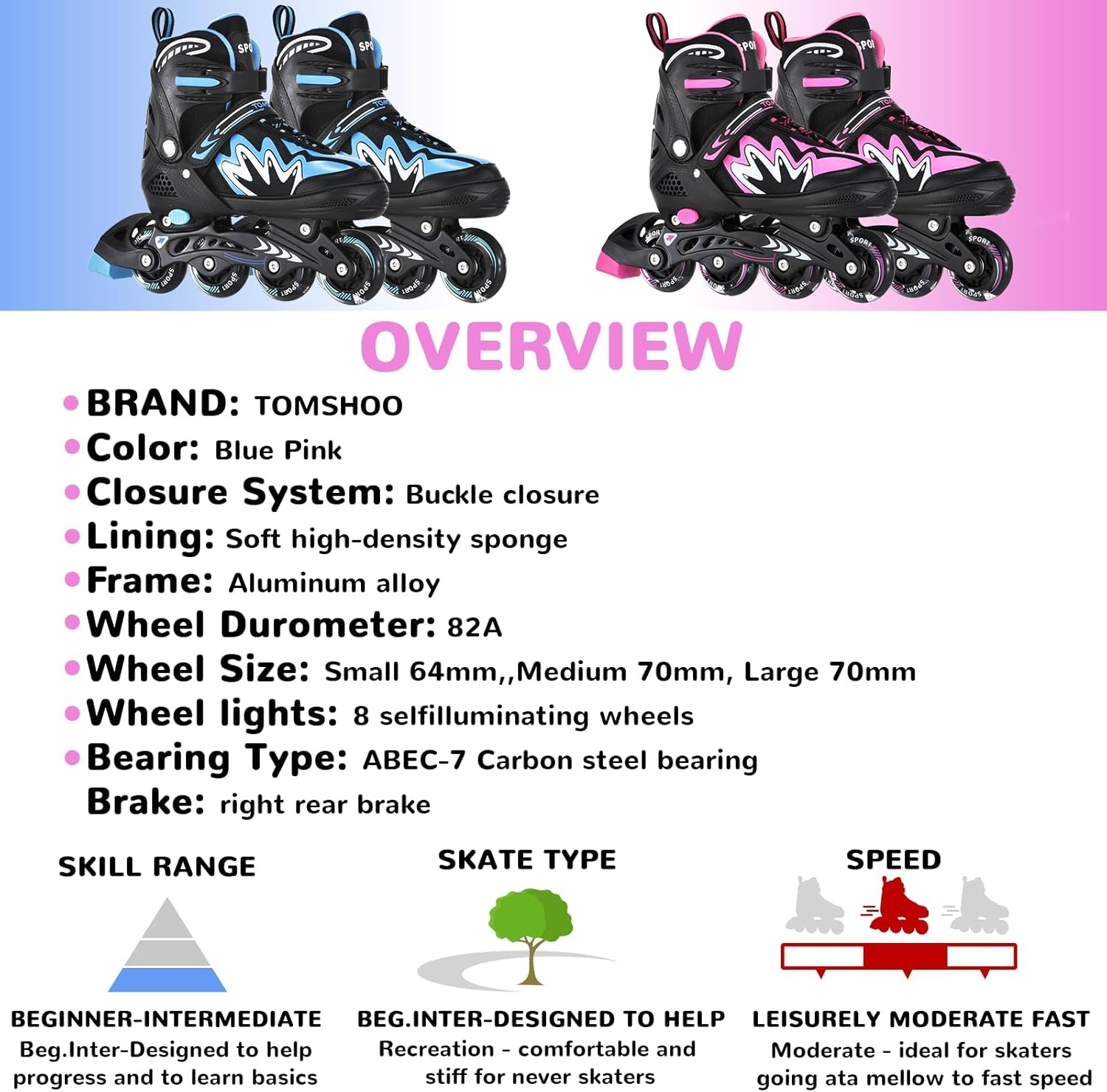 TOMSHOO Rolschaatsen, inlineskates met 4 maten verstelbaar, led-wielen, meerdere maatopties, inline skates voor kinderen, volwassenen, jongens en meisjes, zwart en roze, S