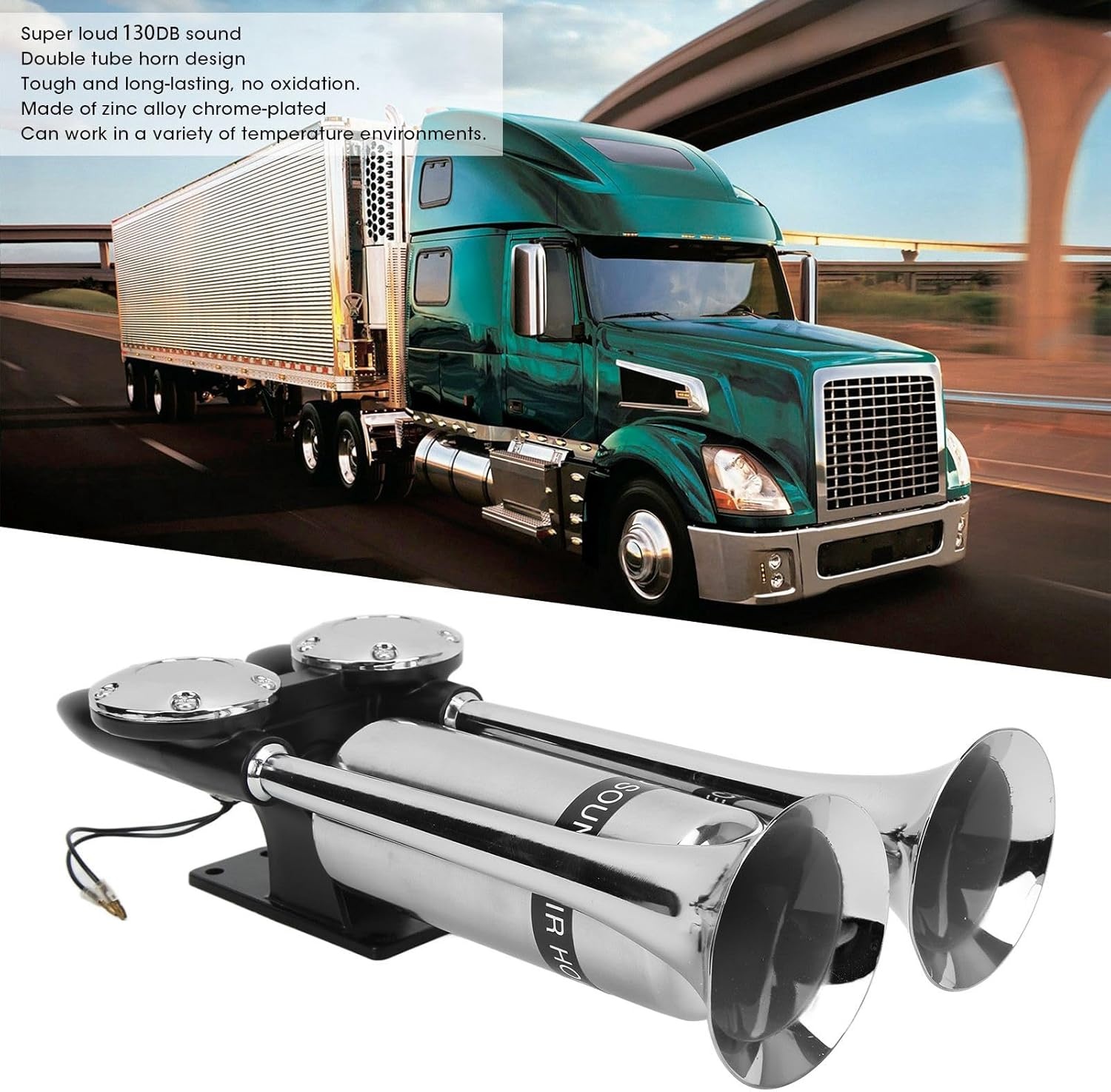 Luchthoorn voor Vrachtwagens, 12V/24V 130dB Dual Trumpet Super Loud Train Horn Kit, Chrome Zinc Car Horn voor Alle 12V/24V Voertuigen, Vrachtwagen, Auto, Boten, SUV, Motorfietsen