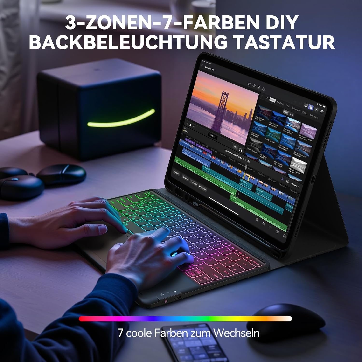 Earto iPad Pro 12.9 Toetsenbord Hoes met Touchpad, 7-kleuren Verlichting, QWERTZ Layout
