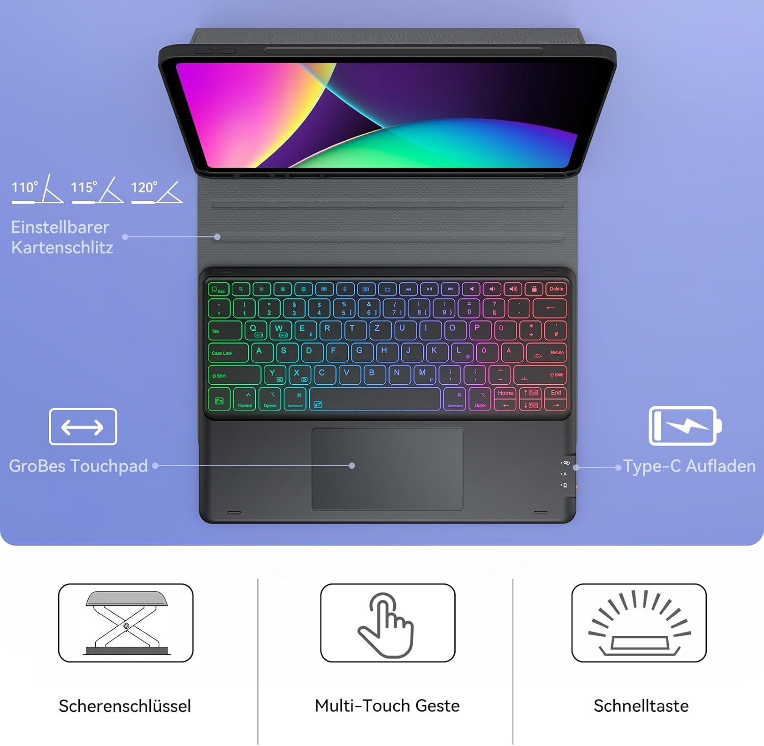 Earto iPad Pro 12.9 Toetsenbord Hoes met Touchpad, 7-kleuren Verlichting, QWERTZ Layout