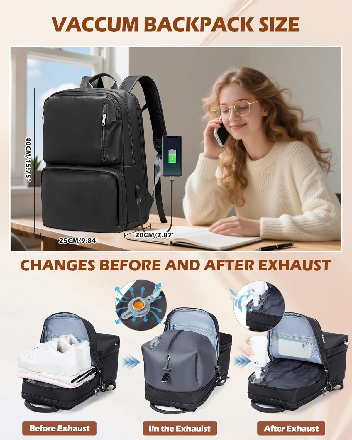 SZLX Vacuum Rugzak Carry-on Bagage Vrouwen, Airbag Rugzak Met Vacuüm Systeem Voor Reizen, Ryanair Handbagage 40x20x25 Travel Ruscksack Cabin Grootte Met Pomp Waterdichte Mannen Vacuüm Koffer