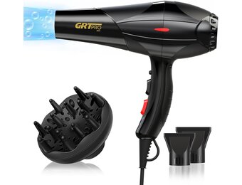 GRT PRO Föhn, Professionele Ionen Haardroger, 2400 W, AC-Motor, Met 1 Diffuser en 2 Stylingmondstukken Voor Haarsalon, Reizen en Familie (Zwart 2.0)