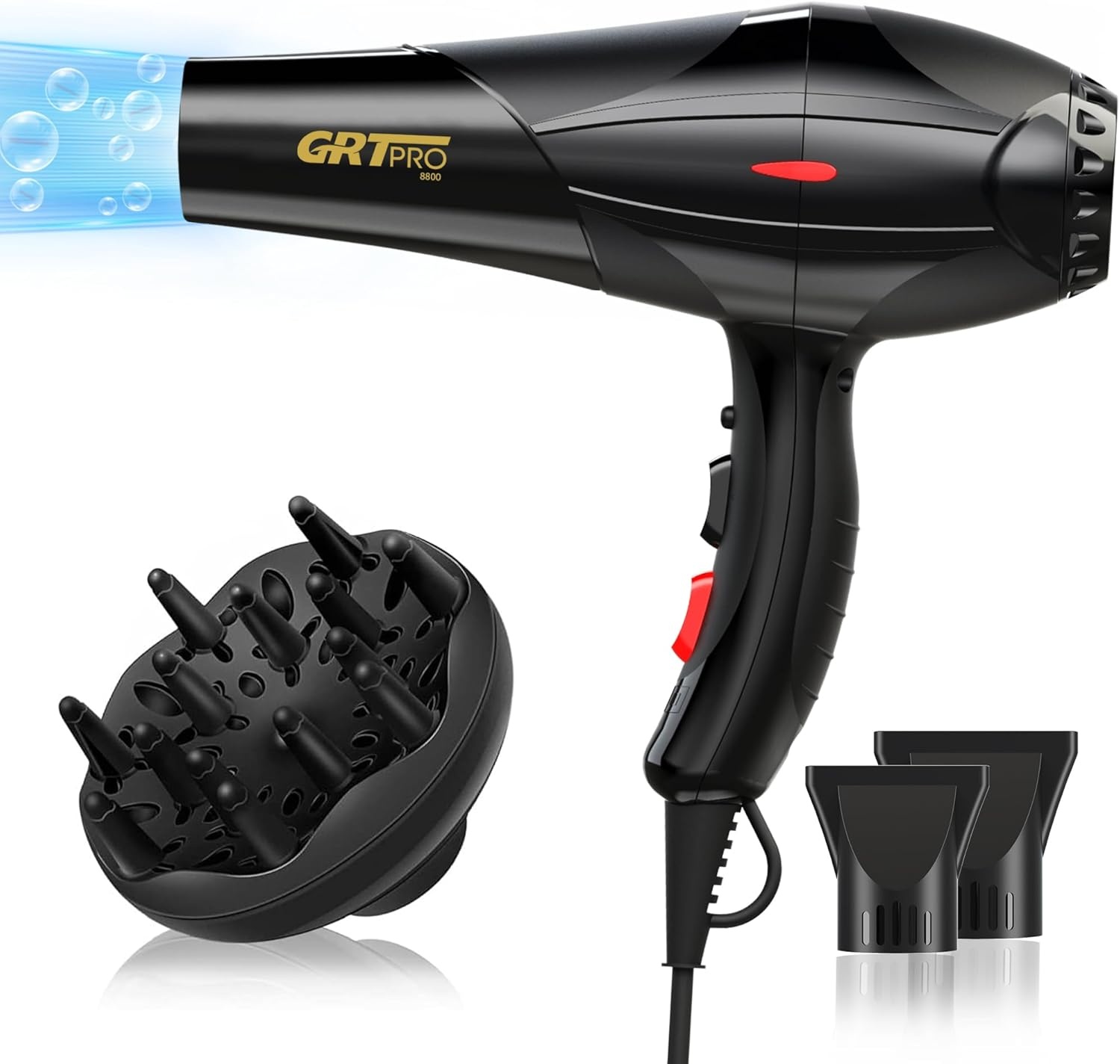GRT PRO Föhn, Professionele Ionen Haardroger, 2400 W, AC-Motor, Met 1 Diffuser en 2 Stylingmondstukken Voor Haarsalon, Reizen en Familie (Zwart 2.0)