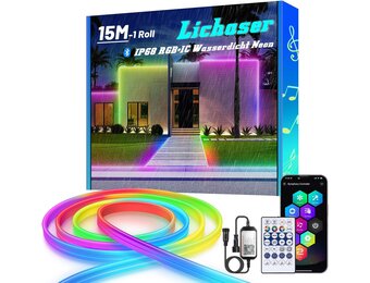 Lichaser 15 m RGB+IC outdoor flexibele neon ledstrip, IP68 voor buiten, bluetooth neon ledstrip, sync met muziek, 24 V waterdicht, voor buiten, voor feestjes, terrasverlichting (15 m x 1)
