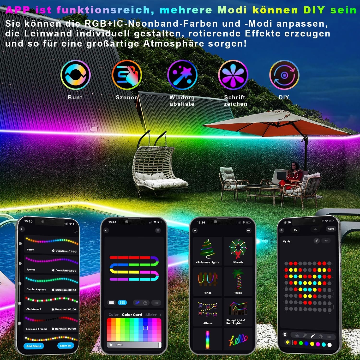 Lichaser 15 m RGB+IC outdoor flexibele neon ledstrip, IP68 voor buiten, bluetooth neon ledstrip, sync met muziek, 24 V waterdicht, voor buiten, voor feestjes, terrasverlichting (15 m x 1)