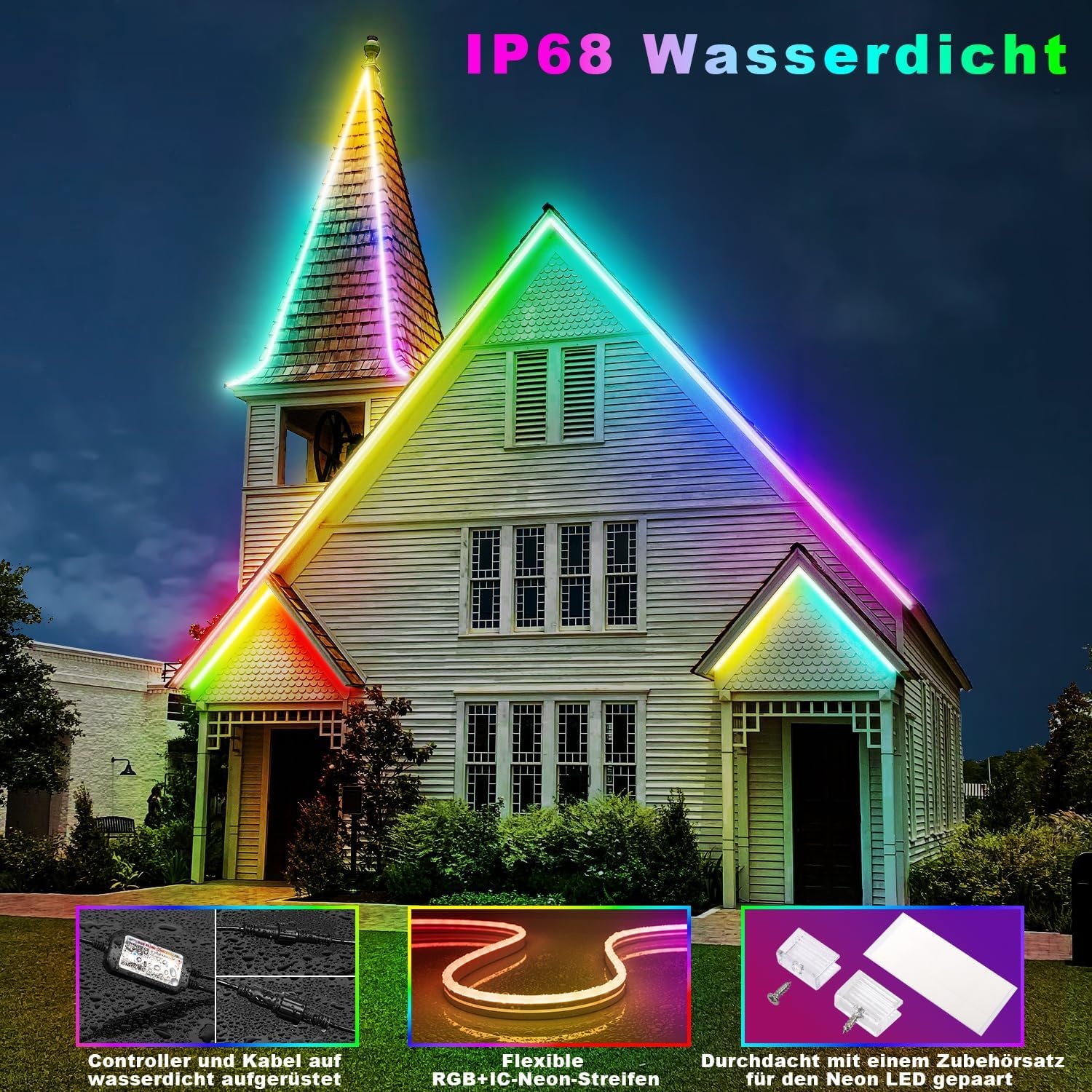 Lichaser 15 m RGB+IC outdoor flexibele neon ledstrip, IP68 voor buiten, bluetooth neon ledstrip, sync met muziek, 24 V waterdicht, voor buiten, voor feestjes, terrasverlichting (15 m x 1)