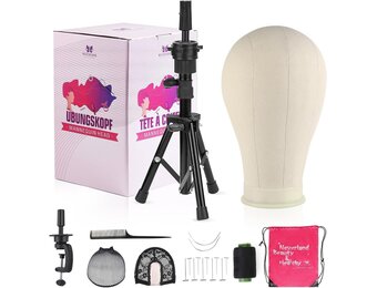 Neverland Beauty Pruikenkop 58 cm, met pruikstandaard, mannequin-hoofd met oefenhoofd, T-pennen en haarborstel