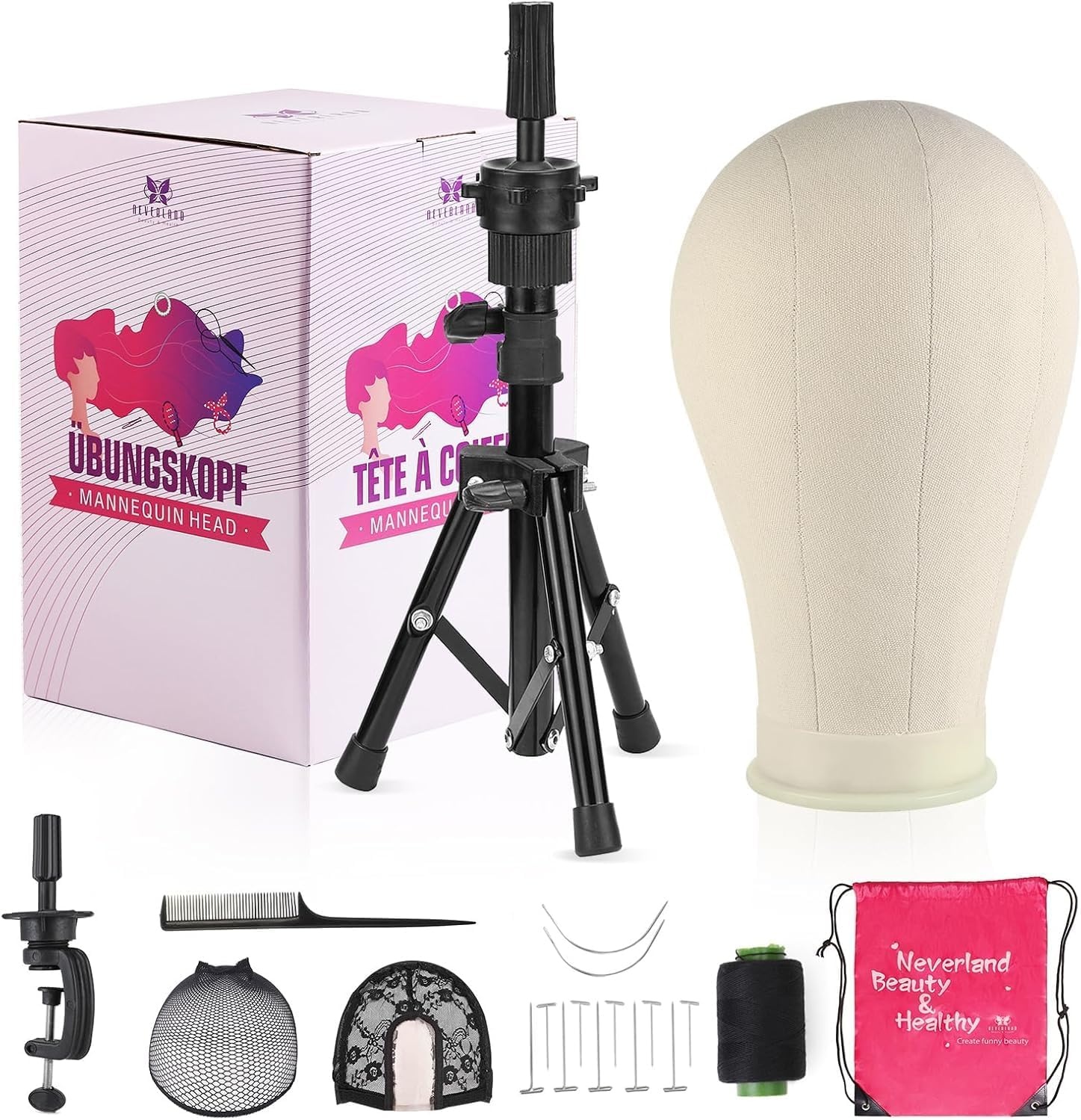 Neverland Beauty Pruikenkop 58 cm, met pruikstandaard, mannequin-hoofd met oefenhoofd, T-pennen en haarborstel