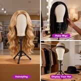 Neverland Beauty Pruikenkop 58 cm, met pruikstandaard, mannequin-hoofd met oefenhoofd, T-pennen en haarborstel