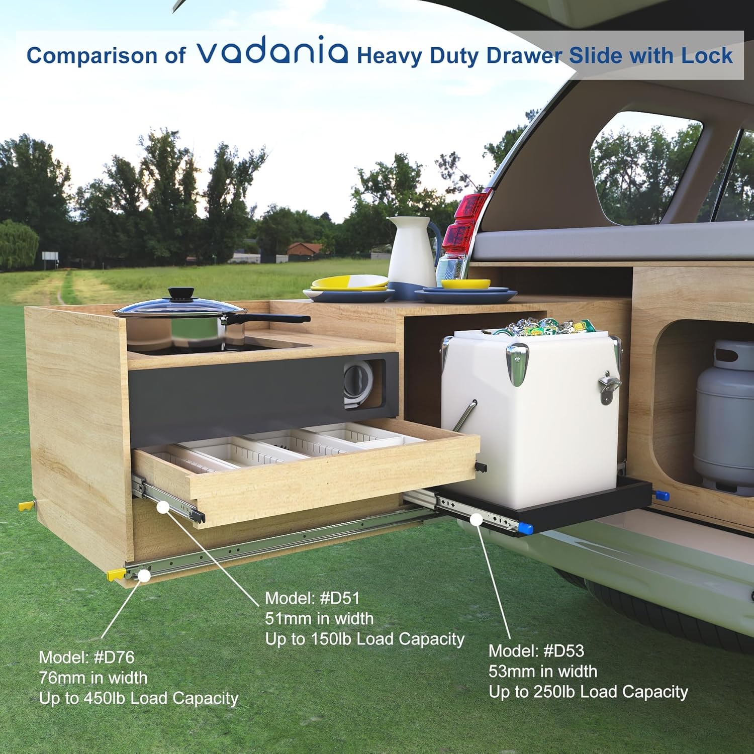 VADANIA 900 mm Heavy Duty Drawer Guide with Locking #D51, Load Capacity up to 41 kg, 3-Way Fully Extendable, Ball Bearing Lock, Side Mount, 1 Pair