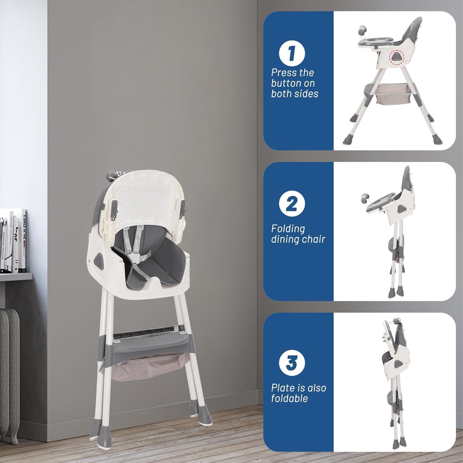 3-in-1 hoge stoel, tafelzitje met afneembaar avontuurbord en speelgoedhouder, verstelbare en opvouwbare kinderstoel, rugleuning voor kinderen, opvouwbaar, 3 standen, vanaf 6 maanden