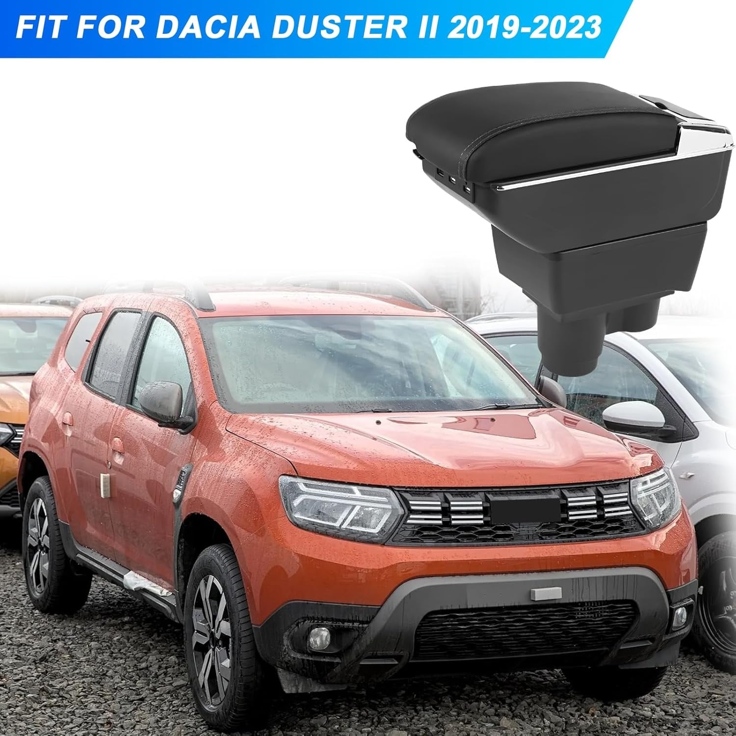 Autoarmleuningen, vervanging voor 2019-2023 Dacia Duster II, tweelaagse armleuning met 7 USB-oplaadpoorten, zwart PU-leer, opbergdoos voor middenconsoles