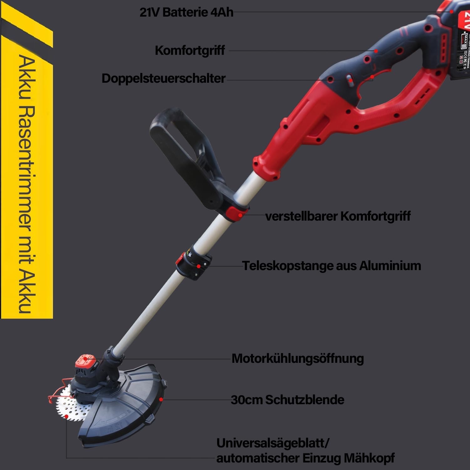 Grastrimmer accu gazonkantensnijder (28 cm maaibreedte, verstelbare tweede handgreep) voor tuin, trimmen, oranje