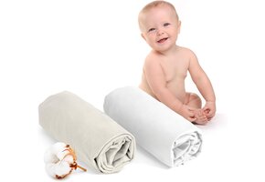 Set van 2 Baby Hoeslakens 70x140 cm - 100% Katoen Jersey - Wit/Beige met Korting!