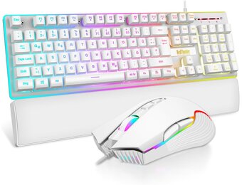RedThunder K10 Gaming toetsenbord en muisset, QWERTZ DE design, metalen plaat en polssteun, RGB-achtergrondverlichting en 7D ergonomische achtergrondverlichting voor pc, Mac gamer, wit