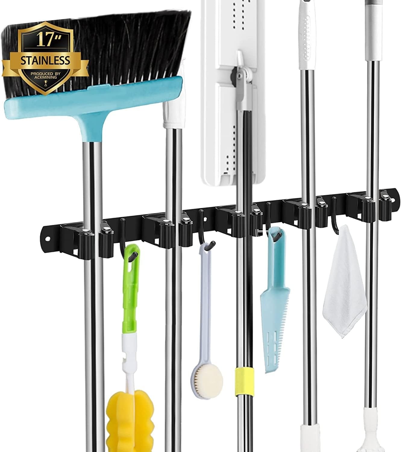Broomhouder Muur, 5-houders en 4-haken zwart Zware Tool Houder Zelfklevend, Broomhouder met Nails Installeren, Tuin Tool Houder