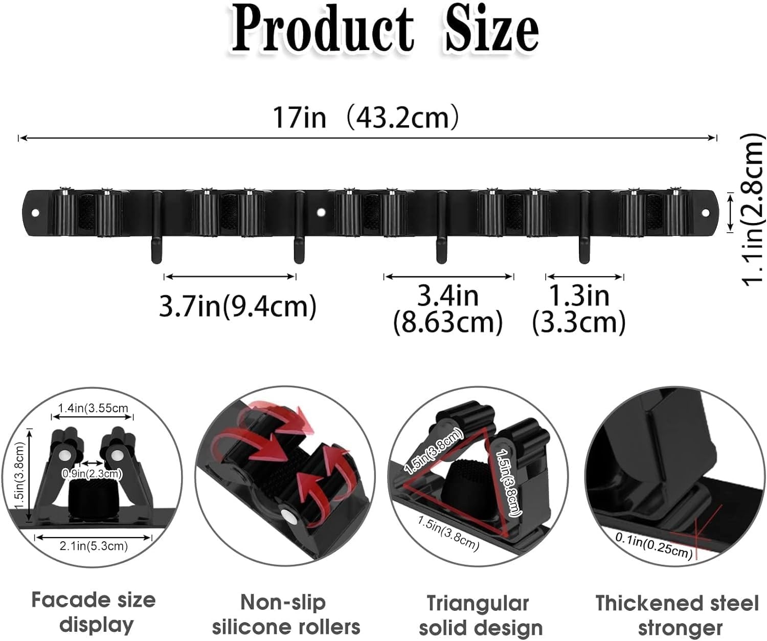 Broomhouder Muur, 5-houders en 4-haken zwart Zware Tool Houder Zelfklevend, Broomhouder met Nails Installeren, Tuin Tool Houder