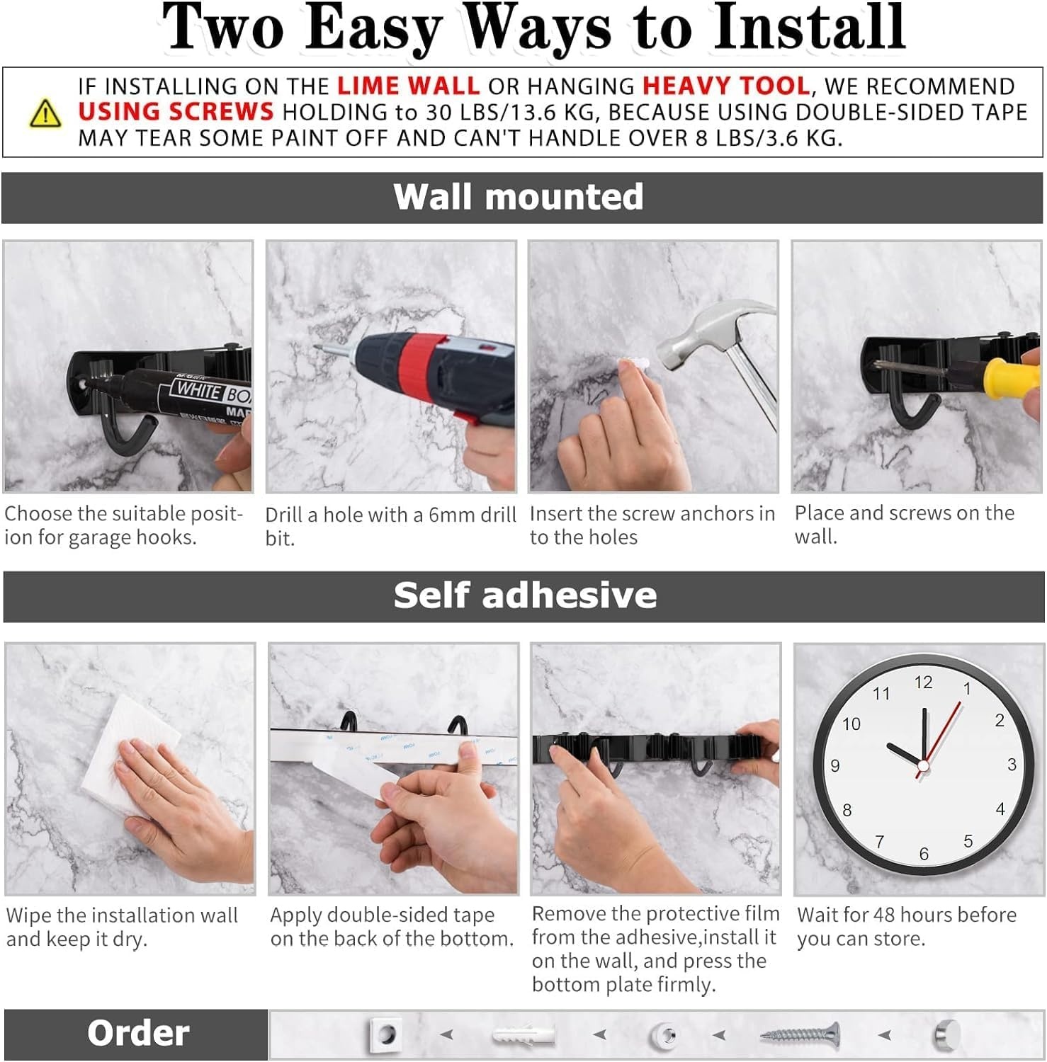 Broomhouder Muur, 5-houders en 4-haken zwart Zware Tool Houder Zelfklevend, Broomhouder met Nails Installeren, Tuin Tool Houder