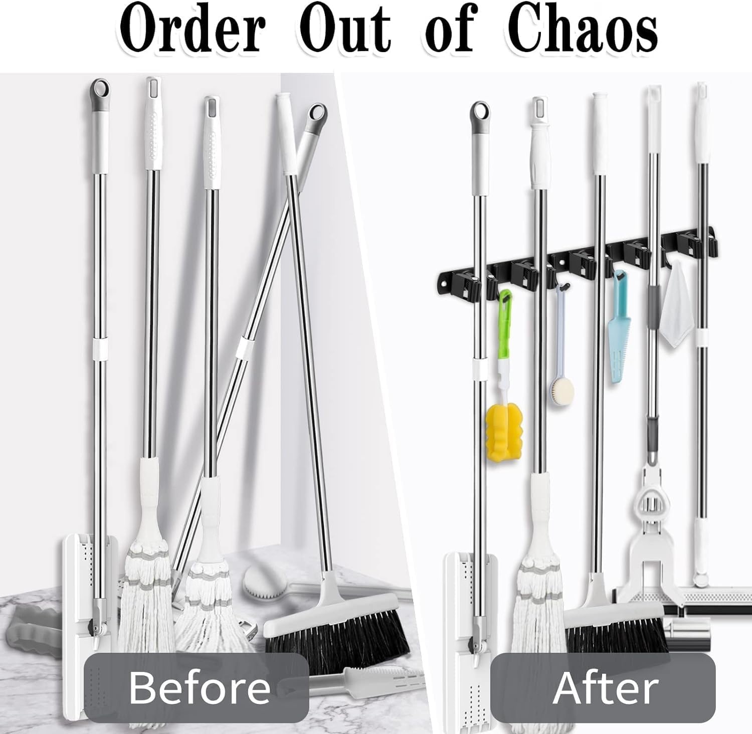 Broomhouder Muur, 5-houders en 4-haken zwart Zware Tool Houder Zelfklevend, Broomhouder met Nails Installeren, Tuin Tool Houder